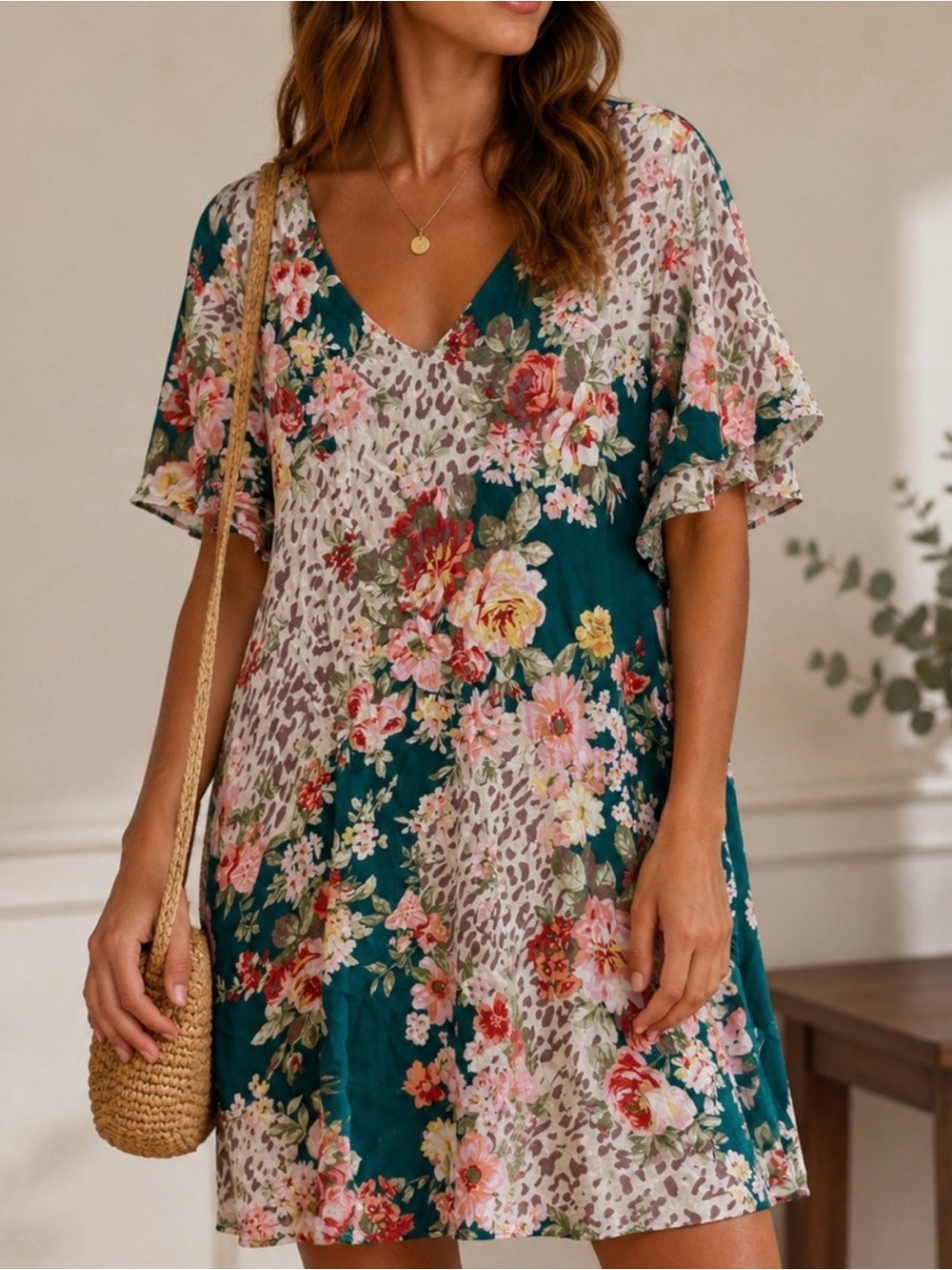 Andrée Teal Floral V-Neck Dress with Pink Coral Blooms